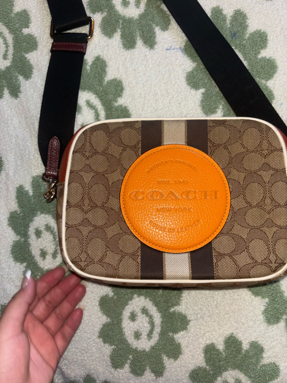 Coach Brown Signature Canvas Belt Bag with Orange Patch
